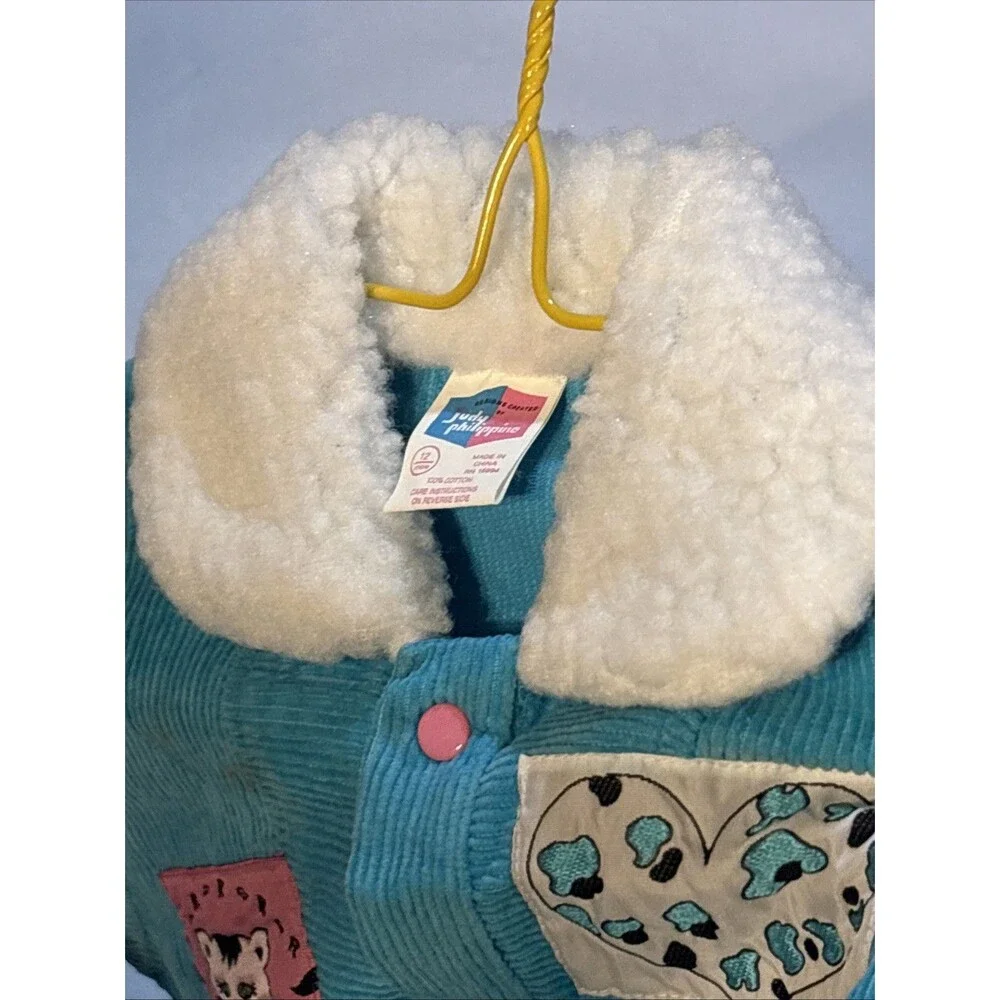 Vintage 80s Judy Philippine Baby Sherpa Bomber Jacket Teal Corduroy 12M
